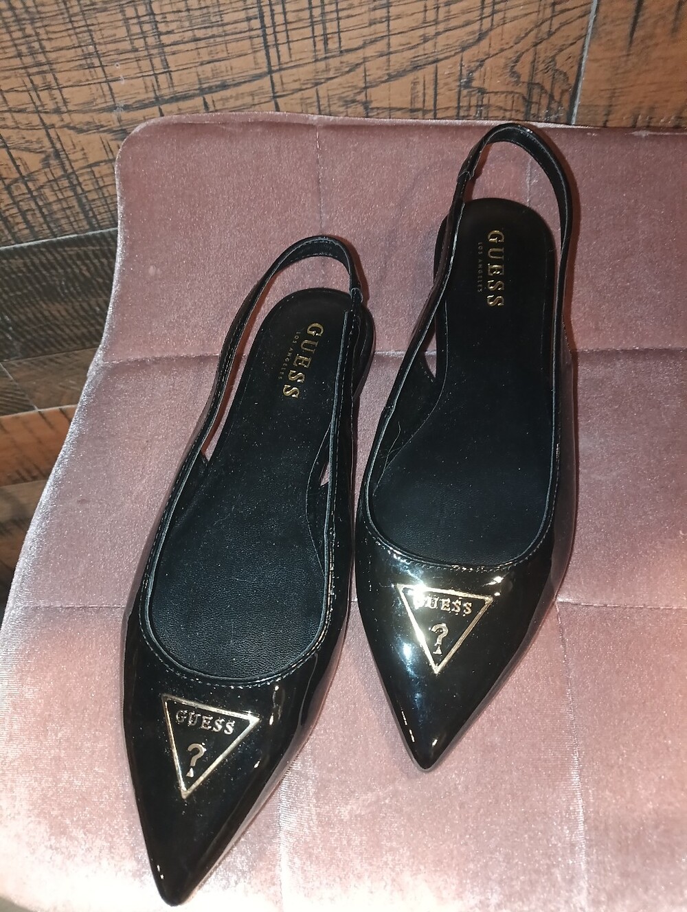 Guess Black Patent Pointed Slingback Heels with Gold Logo